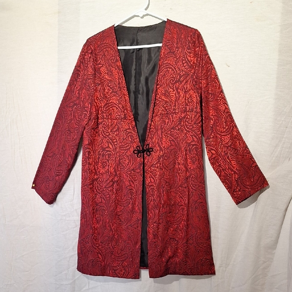 Red Boho Women's Coat, Metallic Midi, Embroidered Brocade, Sz 14, NWOT - Picture 1 of 13